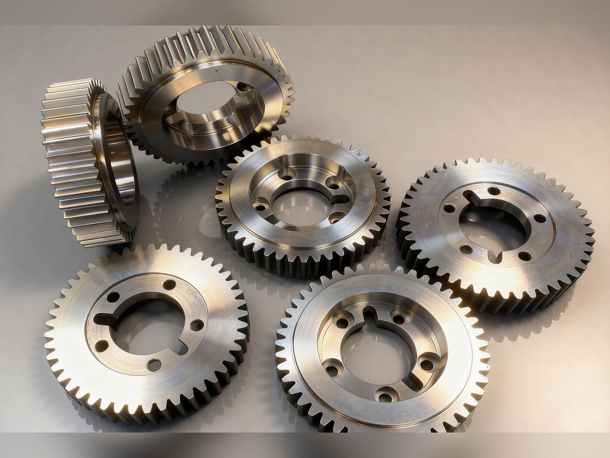 Precision ground spur gears on a production tray